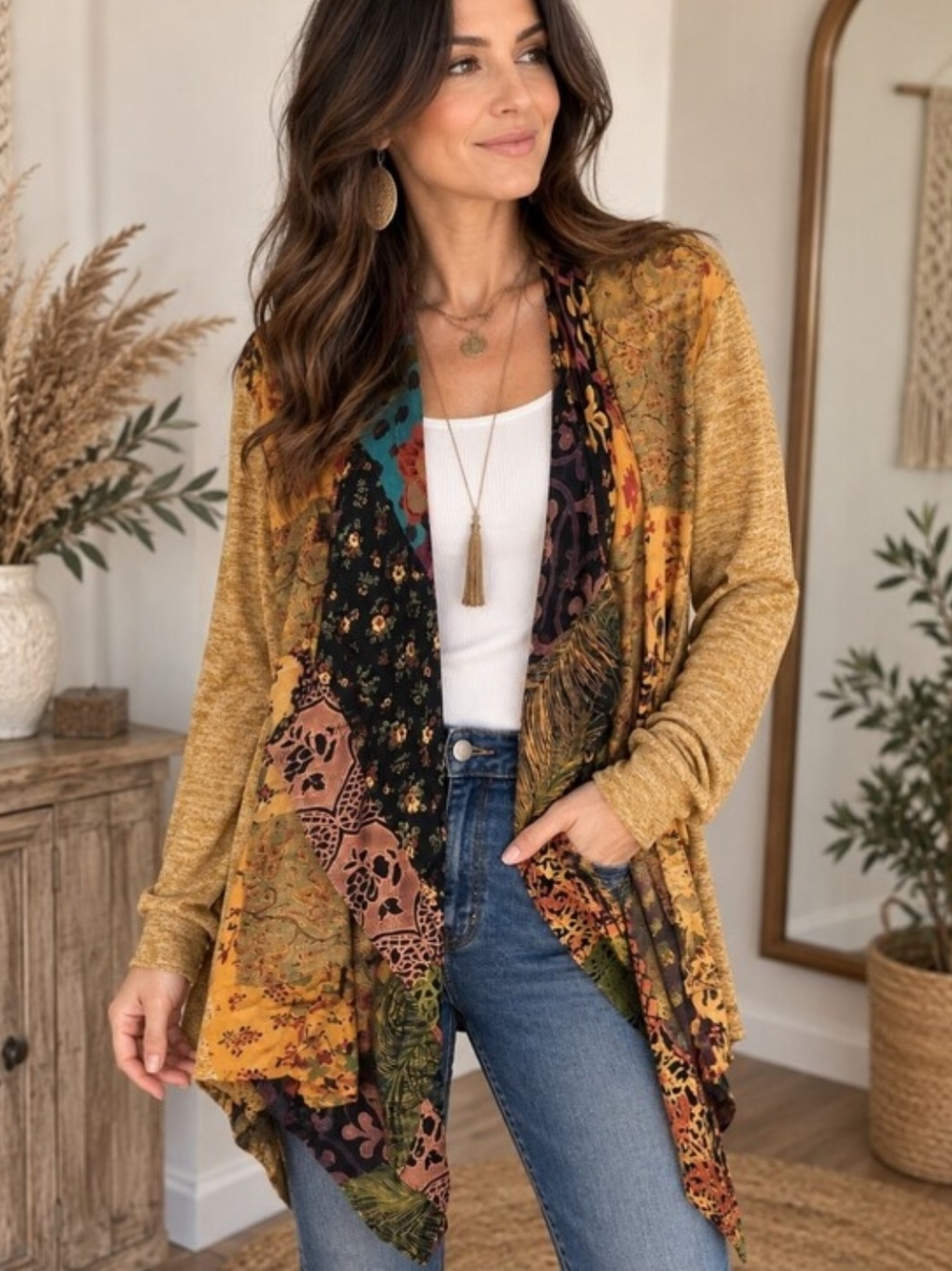 Young Threads Mustard Boho Patchwork Open Cardigan Sweater